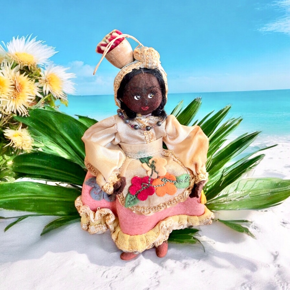 Vintage 50s Souvenir Cloth Felt Doll Brazil Hand Painted Face 6” Poseable ￼